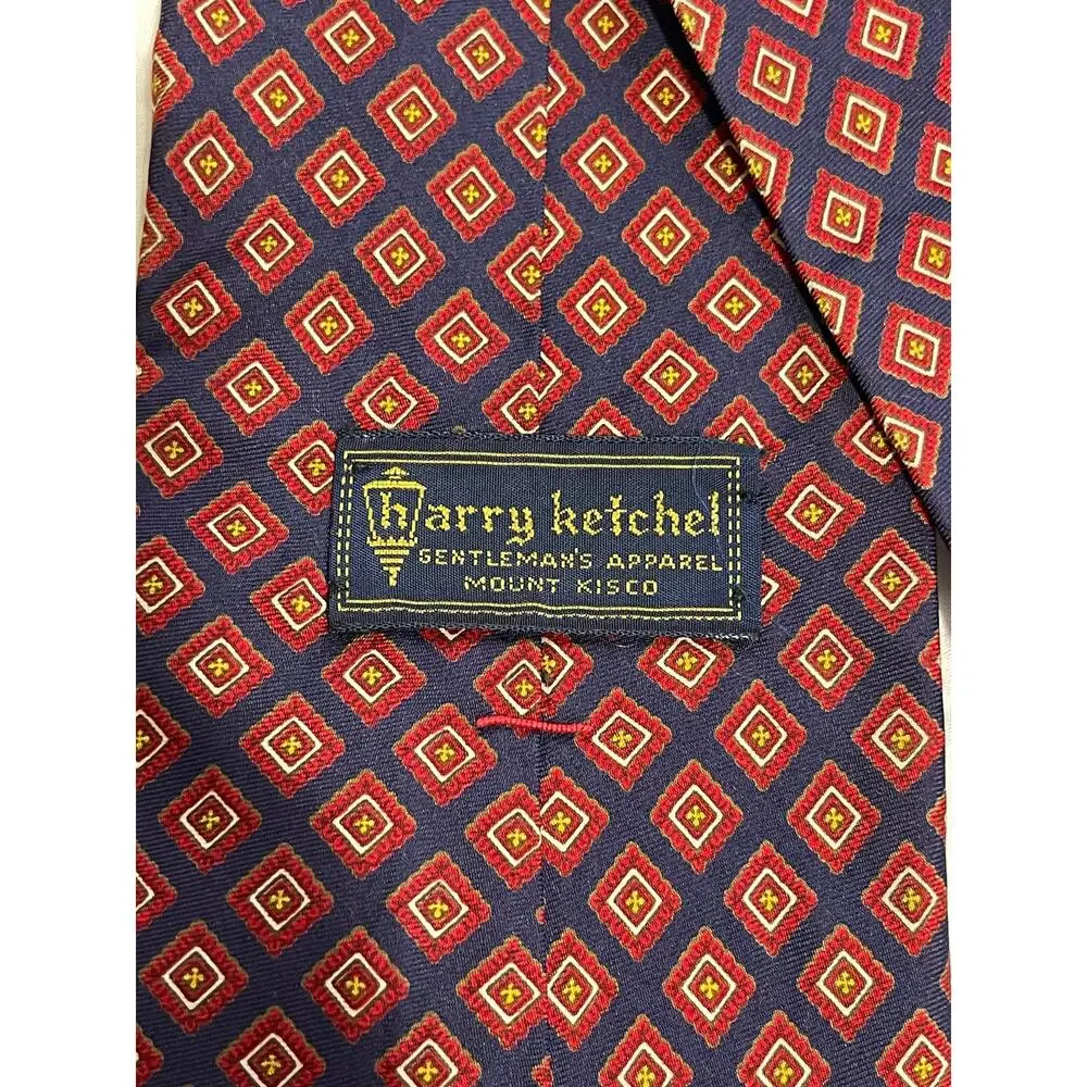 Vintage Bert Pulitzer Blue and Red Diamond Patterned Pure Silk Necktie